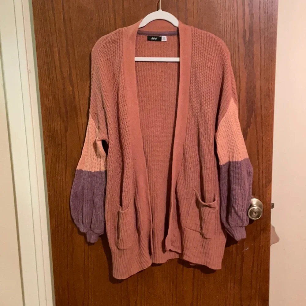 BDG Colorblock Open Front Cardigan in Rose and Purple - Picture 1 of 6
